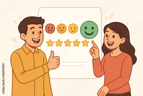 Happy customers give a five star rating. Positive feedback and user experience concept. Man and woman with satisfaction survey. Excellent client review for business quality.