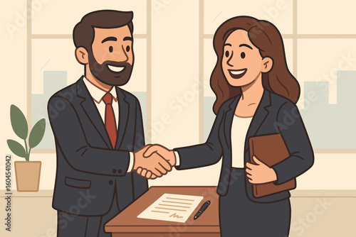 Business handshake vector concept. Businessman and businesswoman partners shaking hands. Successful deal, signing a contract. Partnership, teamwork and agreement in an office.