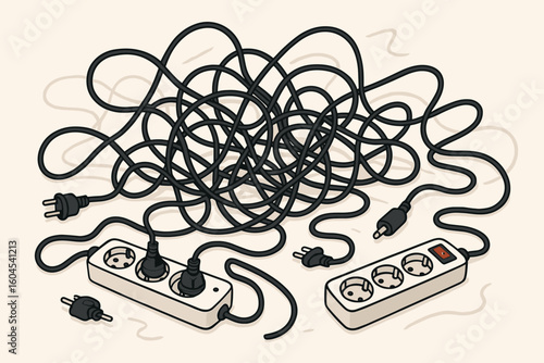 Messy tangle of electrical cables, plugs, and extension cords. Concept of disorganization, clutter, power management problems, connectivity chaos and potential hazard.