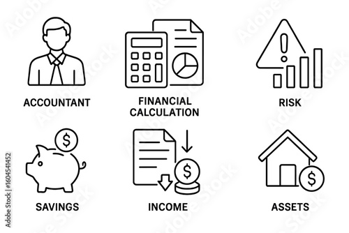 Accounting line icon set. Accountant, financial calculation, audit, risk management, savings, income, assets. Outline vector icons for business, banking, and finance.