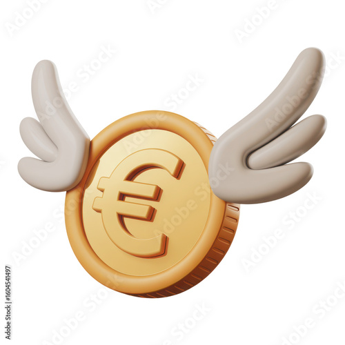 Gold euro coin with wings flying isolated on transparent background