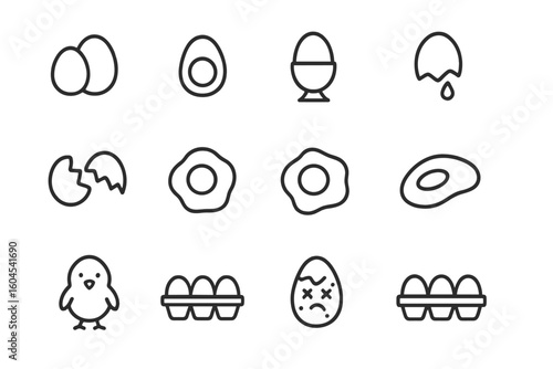 Eggs line icon set. Food and cooking outline icons. Vector pictogram of boiled, fried, poached egg, omelette, chick, and carton. Breakfast symbol illustration.