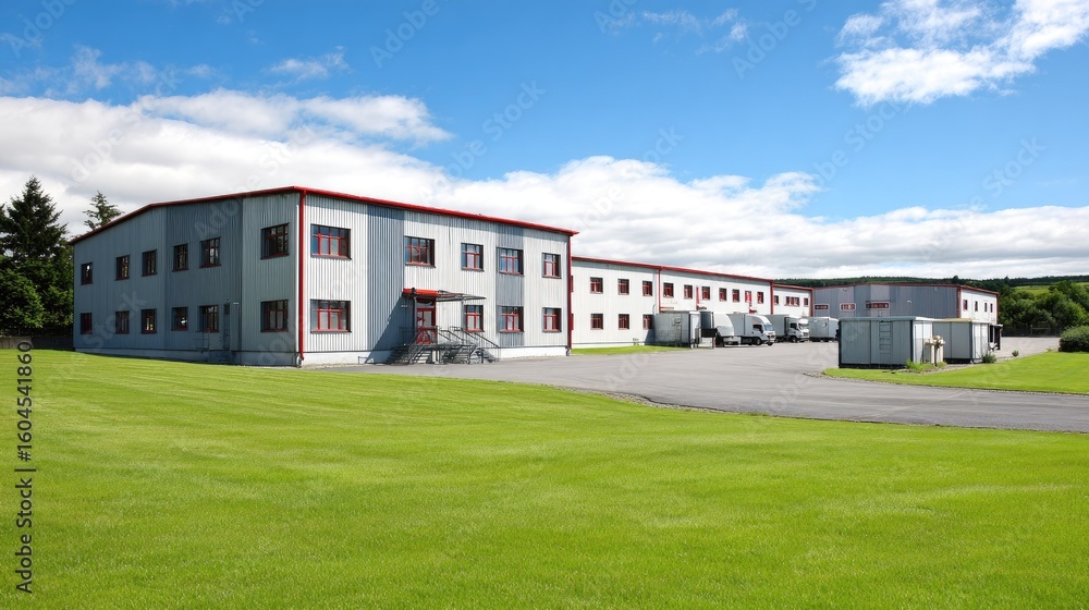 Fototapeta premium Wide shot of a modern industrial complex with parking area.
