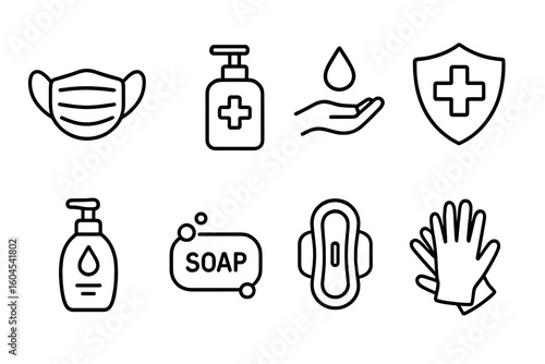 Hygiene and protection thin line icon set. Virus prevention and medical care symbols. Face mask, hand sanitizer, soap, gloves, sanitary pad, shield vector icons.