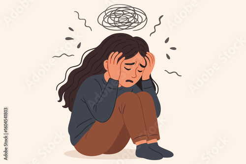 Teen girl depression anxiety attack illustration. Sad adolescent sitting on floor holding head. Mental health crisis, stress, mood disorder, psychological problem concept vector