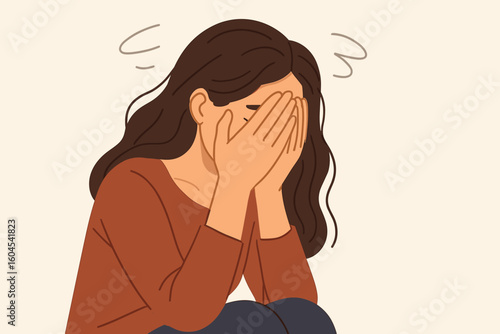 Exhausted woman feeling overwhelmed – sad anxious female covering face with hands suffering depression, burnout, dizziness, headache, stress, emotional distress vector illustration