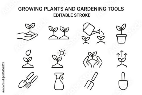 Gardening icon set. Growing plants and horticulture linear pictograms. Seedling, sprout in soil, watering can, pot, trowel, rake. Editable stroke vector illustration.