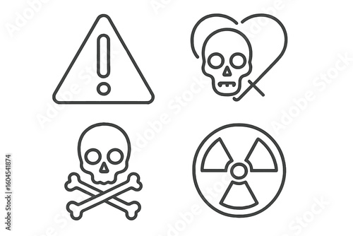 Hazard and danger line icon set. Collection of 4 linear symbols. Warning, risk, toxic, death, skull and crossbones, and radioactive radiation signs for safety notices.