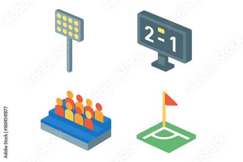 Stadium isometric icon set. Football and soccer game elements. Vector illustration of scoreboard, crowd on tribune, corner flag and floodlight for sport competition.