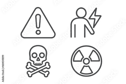 Hazard and danger warning line icons set. Collection of linear symbols for attention, risk, electric shock, toxic poison, skull and crossbones, and radioactive radiation.