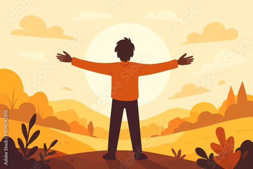 Silhouette of man with arms outstretched greeting sunrise on hilltop meadow, symbol of freedom, happiness, self discovery, outdoor adventure, success, optimism and new beginnings concept