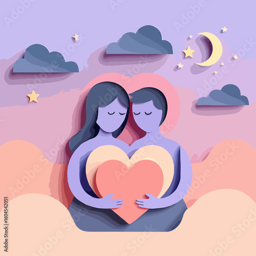Vector art of loving couple holding heart with clouds and moon pastel illustration