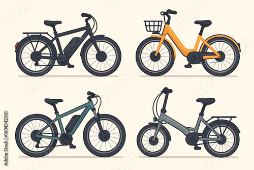 Electric bikes vector collection. Set of 4 modern e-bikes in flat design, side view. Eco-friendly alternative transport. Urban city bicycle mobility concept cartoon.