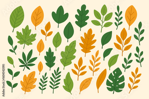 Seasonal leaves clipart mega bundle – 32 flat botanical foliage icons in fresh green and warm orange, nature elements set for autumn, eco patterns, craft prints, vector illustration