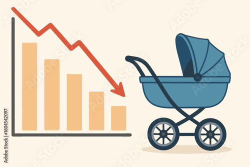 Falling birth rate concept: downward bar chart with red arrow and blue baby stroller illustrating declining fertility, demographic crisis, aging population, economic impact, cartoon