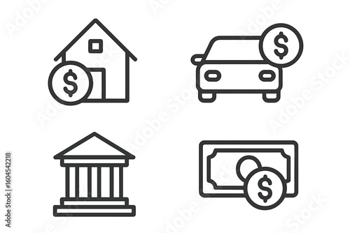 Loan and finance line icon set. Mortgage, car credit, bank and money symbols. Home real estate investment, auto vehicle payment concept. Outline vector pictogram collection.