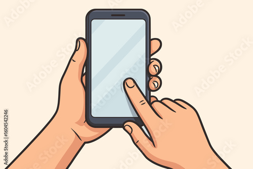 Hand holding smartphone mockup, finger touching blank touchscreen, vector cartoon illustration of mobile phone user interaction, flat gadget technology concept on light background