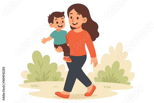 Happy mother carrying smiling toddler son while walking in park, family bonding, parenthood, motherhood love, outdoor stroll, cartoon flat vector illustration on white background