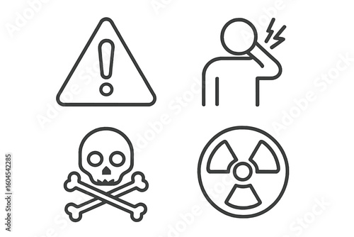 Hazard and dangerous warning symbols. Set of 4 line icons. Traumatic injury, life-threatening risk, toxic poison skull, radioactive radiation attention signs. Vector.