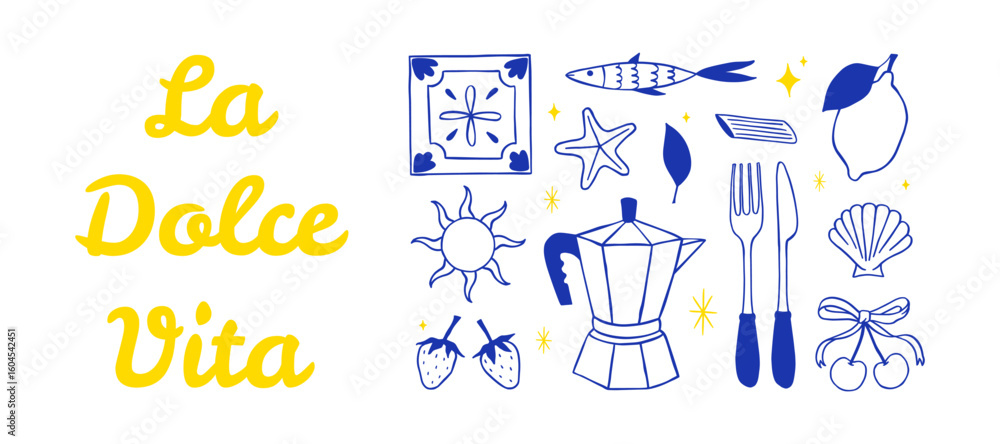Fototapeta premium Hand draw Dolce Vita doodle set. Vector tile, sun, coffee pot, lemon, fork, knife, pasta, starfish, shell, sardine. Minimalist line art. Illustration for poster, print, yours designs