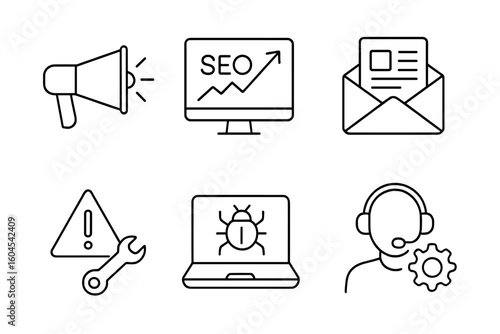 Digital marketing and IT support icon set. Outline icons for SEO optimization, email campaign, promotion, troubleshooting, virus scan, and customer service. Vector line art.