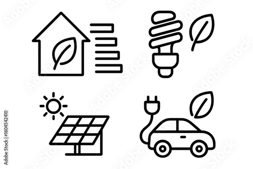 Energy efficiency line icon set. Ecology of energy consumption. Green power. Solar panel, battery. Electric car. Eco house. Sustainable energy saving light bulb symbol.