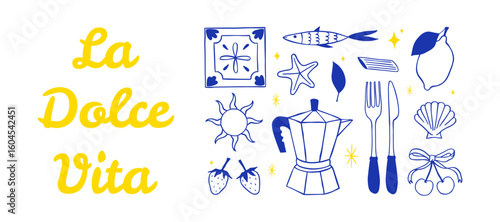 Hand draw Dolce Vita doodle set. Vector tile, sun, coffee pot, lemon, fork, knife, pasta, starfish, shell, sardine. Minimalist line art. Illustration for poster, print, yours designs