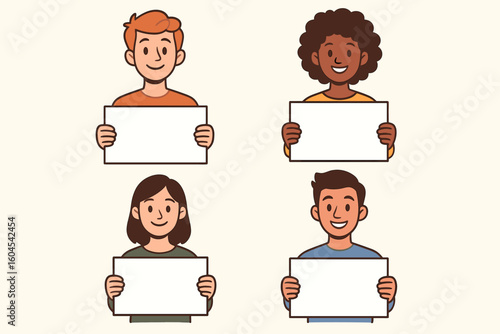 Diverse cartoon men and women holding blank white signs for message, advertising or announcement. Set of four multicultural vector characters with empty placards on light backdrop
