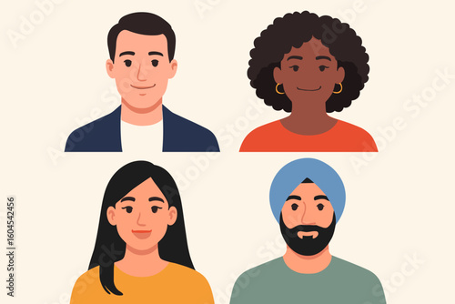Diverse character portrait collection set of four vector illustrations featuring multicultural men and women faces and upper body, different ethnicities, front view, unique expressions
