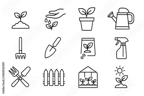 Gardening tools and plant growth outline icon collection. Vector linear pictogram set for agriculture and horticulture. Includes sprout, seed, pot, watering can, trowel. Editable stroke.