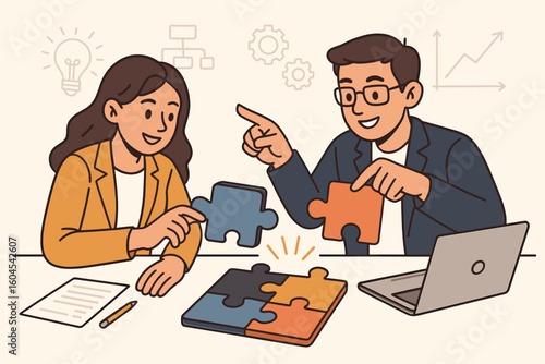 Business teamwork problem solving illustration. Two colleagues assembling jigsaw puzzle pieces for strategy planning, collaboration, logical thinking, innovative solution vector
