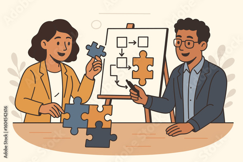 Business problem solving concept with diverse colleagues assembling jigsaw pieces to develop workflow strategy on flipchart, teamwork brainstorming solution, cartoon vector