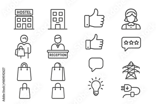 Hotel and hostel services line icon set. Vector collection of thin outline pictograms. Reception, guest feedback, room service, star rating, booking and more symbols.