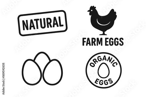 Natural Eggs Label. Organic Food Stamp. Farm Fresh Eggs Icon Set. Chicken Logo. Healthy, Eco, Bio Product Vector Illustration. Simple Minimalist Graphic design element.