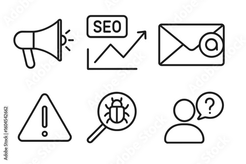 Digital marketing & troubleshooting icon set. Vector outline symbols for SEO growth, email campaign, advertising, bug fixing, malware scan, error alert & customer support.