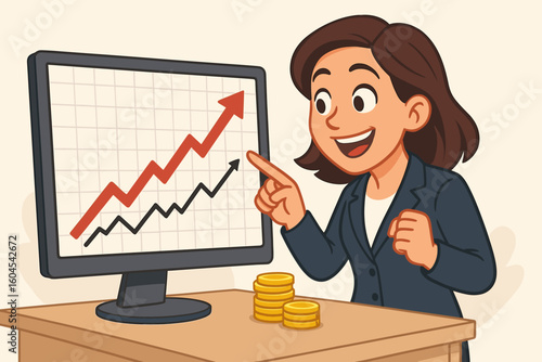 Successful female investor cartoon celebrates return on investment, pointing at upward arrow line graph on computer monitor, profit growth, rising stock market, ROI illustration