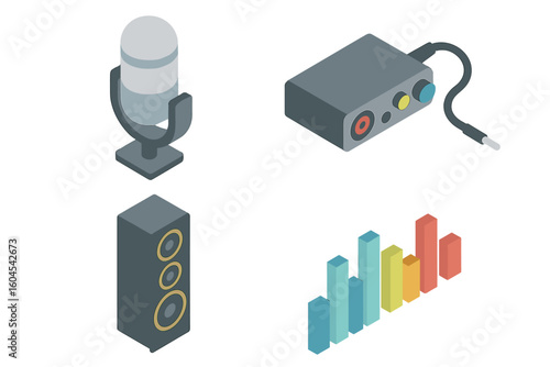 Isometric sound recording and music production icon set. Vector illustration of studio equipment like microphone, audio interface, speaker and equalizer for podcasting.