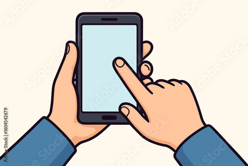 Hand holding mobile phone, finger touching screen. Smartphone mockup with blank display for app or website. Vector cartoon illustration of user interacting with device.