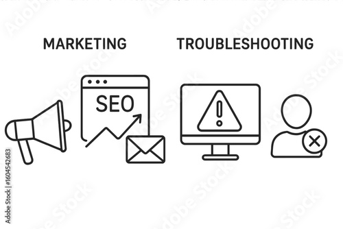 Marketing and troubleshooting outline icon set. SEO optimization, email campaign, advertising promotion. System error, user block, customer churn, access denied concept.