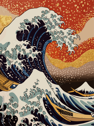 Flat vector illustration of a dramatic ocean wave crashing over boats with Mount Fuji in the distance. Bold stylized waves and a vivid red sky evoke traditional Japanese woodblock art style