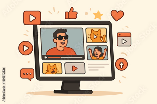 Online video channel with vlogger and viral content on computer screen. Digital streaming service concept. Social media engagement with likes and hearts. Vector illustration.