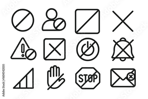 Blocked line icon set for concepts like banned, forbidden, and error. Features symbols for rejected, disabled, close, prohibited, stop, no entry, spam, and alert. Vector.