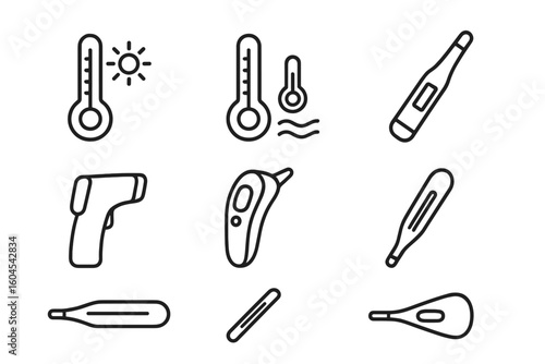 Thermometer line icon set. Medical and weather temperature measurement tools. Digital, infrared, and clinical thermometers for fever, healthcare, and diagnosis. Vector outline icons.