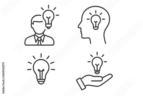 Idea line icon set. Business creativity, inspiration and innovation concept. Glowing light bulb vector icons. Pictogram collection in a thin linear outline style.
