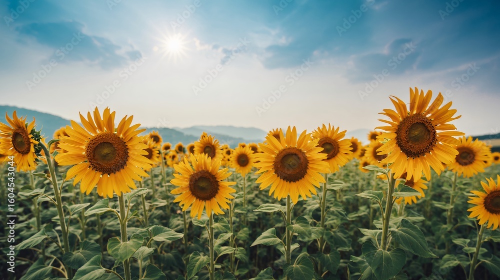 Obraz premium Vast Field of Sunflowers Under a Bright Sunny Sky with Rolling Hills in the Background