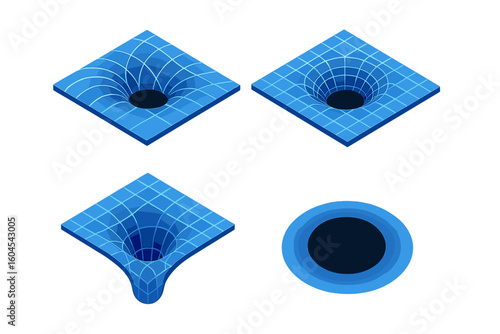 Isometric space icons set. Black hole and singularity concept. Flat vector illustration of event horizon, warped space-time grid, gravity funnel, and physics wormhole.