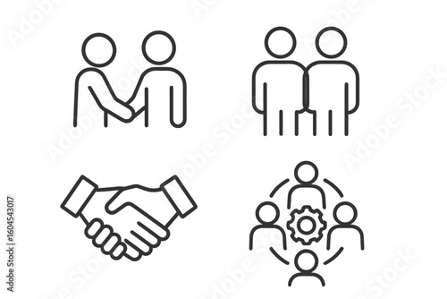 Collaboration line icon set. Partnership, partners, and handshake icons. Teamwork and team building concepts. Business agreement, deal, and communication symbol. Outline vector.