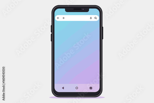 Smartphone mockup with browser window. Mobile phone with blank screen and search bar for website presentation. Vector template for UI, UX design. Cellphone with gradient display.