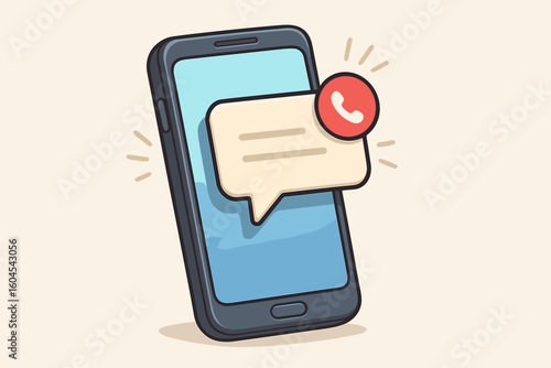 Mobile smartphone with push notification popping out of screen. Vector cartoon illustration of a message alert, missed call icon, or chat bubble on a cellular device.