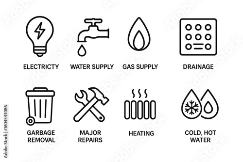 Public utilities linear icons set. Municipal services symbols collection. Electricity, water, gas, heating, drainage, garbage removal, repairs. Home maintenance vector signs.